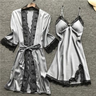 Slips Sexy Pajamas Set for Women Silky Sleepwear Sets Silk Satins Lace Strap Nightdress Robe Shorts & Cami Nightwear Home Wea...