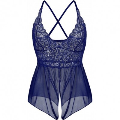 Baby Dolls & Chemises Lace Sheer Teddy Lingerie for Women Sexy Mesh One Piece Bodysuit Nighties - Navy Blue - C318S6ZDGZ9