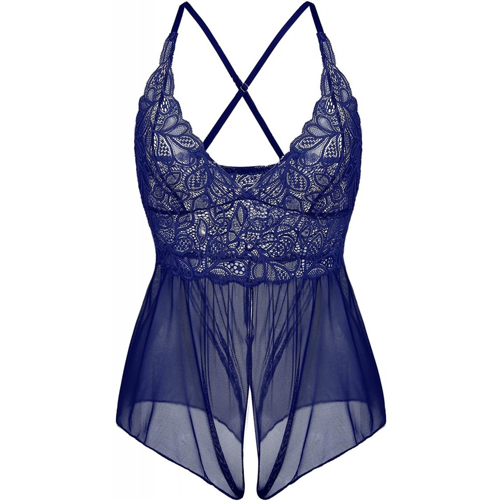 Baby Dolls & Chemises Lace Sheer Teddy Lingerie for Women Sexy Mesh One Piece Bodysuit Nighties - Navy Blue - C318S6ZDGZ9