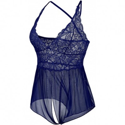 Baby Dolls & Chemises Lace Sheer Teddy Lingerie for Women Sexy Mesh One Piece Bodysuit Nighties - Navy Blue - C318S6ZDGZ9