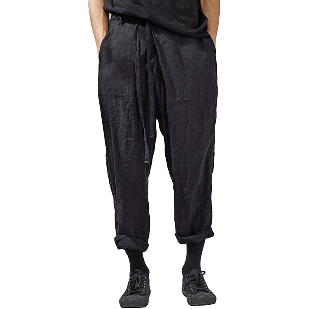 Sleep Bottoms Mens Linen Pants Casual Loose Fit Beach Drawstring Elastic Waist Capri Yoga Trousers with Pockets - B- Black - ...