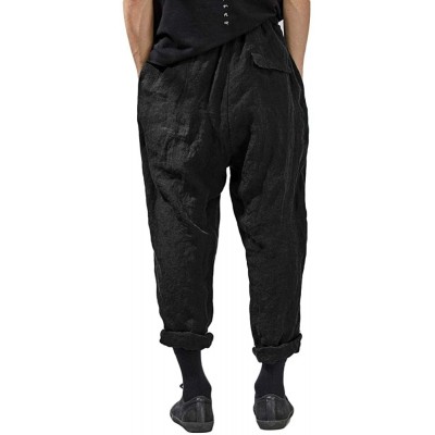 Sleep Bottoms Mens Linen Pants Casual Loose Fit Beach Drawstring Elastic Waist Capri Yoga Trousers with Pockets - B- Black - ...