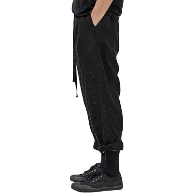 Sleep Bottoms Mens Linen Pants Casual Loose Fit Beach Drawstring Elastic Waist Capri Yoga Trousers with Pockets - B- Black - ...