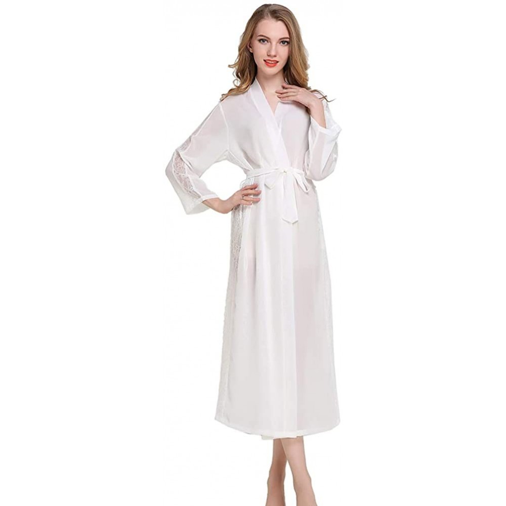 Robes Chiffon Lace Kimono Long Robe for Women Bathrobe Sexy Transparent Nightgown One-Piece Pajamas Loungewear - White - CH18...