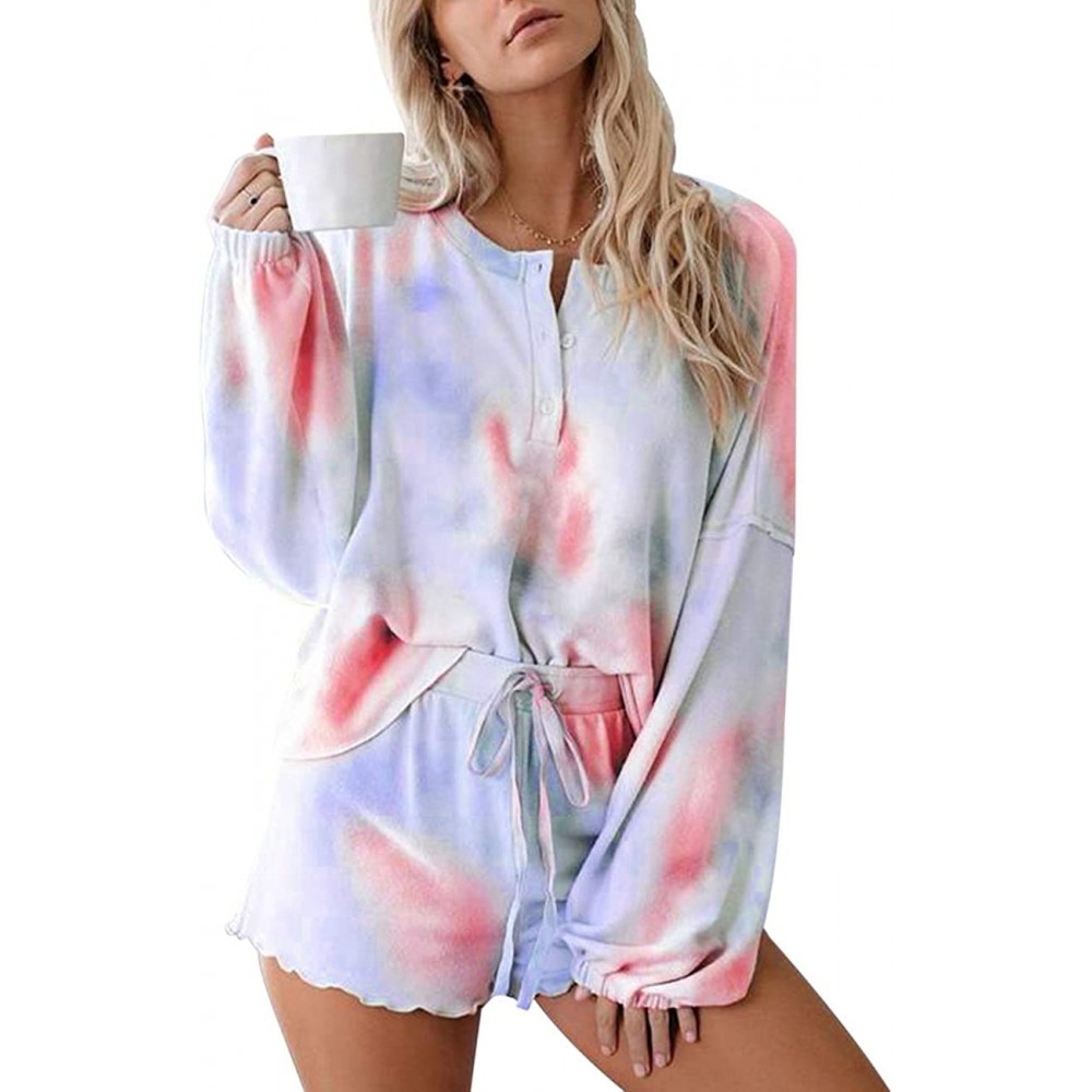 Sets Women Pajamas Set Tie Dye Printed Short Sleeve Shirt and Pants PJ Sets Sleepwear Nightwear Loungewear - Long Sleeve-pink...