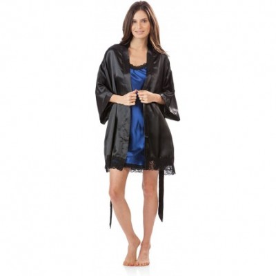 Robes Women's 2 Piece Satin Robe and Nightie Set - Black/Royal Blue - CE12L9IU2L5