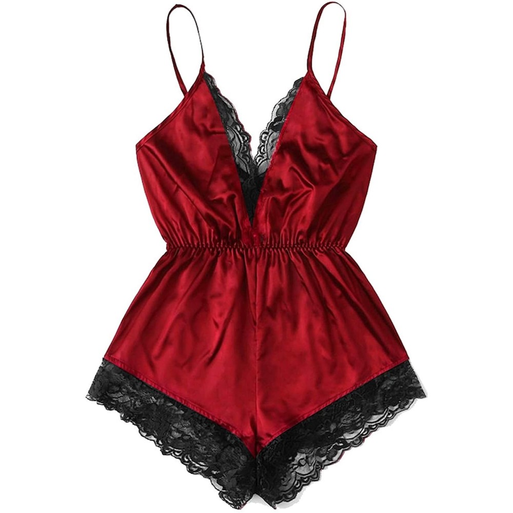 Sets Womens Lace Trim Satin Sleepwear Sexy Silk Lingerie Straps Bralette Panty Set Cami Top & Shorts Pajama Set Red C - CB193...