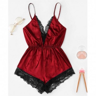 Sets Womens Lace Trim Satin Sleepwear Sexy Silk Lingerie Straps Bralette Panty Set Cami Top & Shorts Pajama Set Red C - CB193...