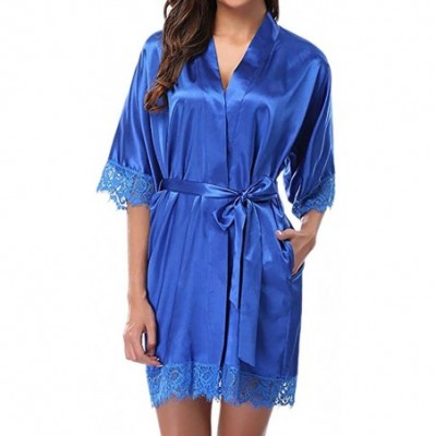 Robes Women's Bathrobes Short Satin Kimono Robes Bridesmaids Nightwear Sleepwear with Oblique V-Neck - Blue - CF1940GLZEL