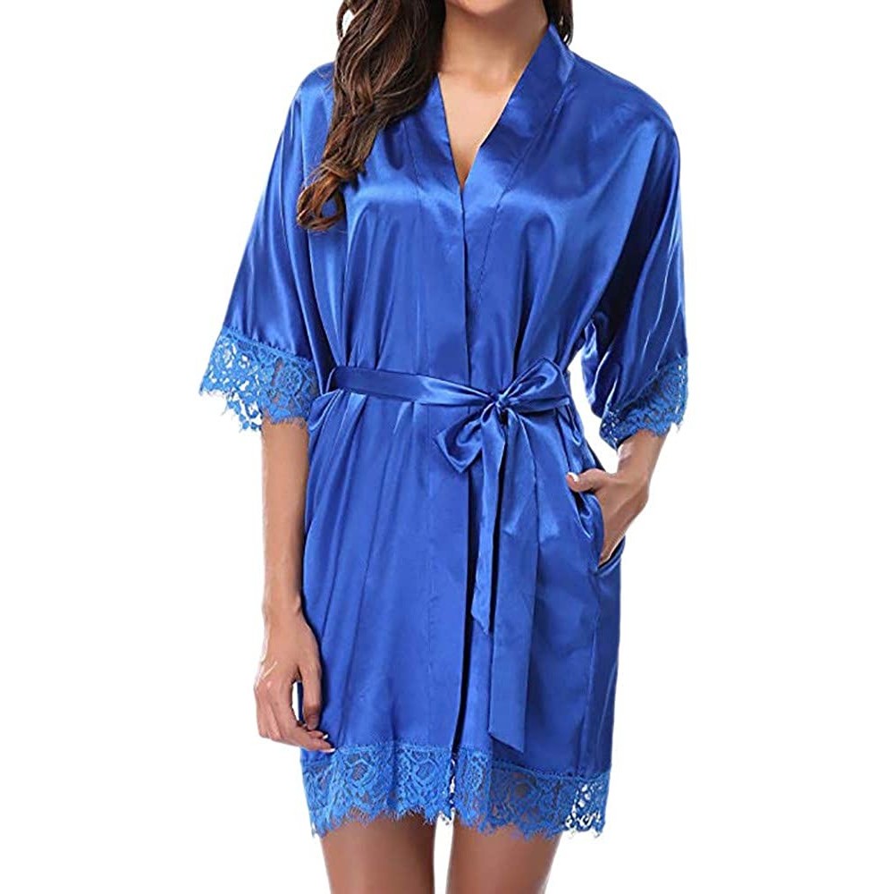 Robes Women's Bathrobes Short Satin Kimono Robes Bridesmaids Nightwear Sleepwear with Oblique V-Neck - Blue - CF1940GLZEL