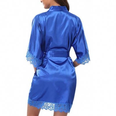 Robes Women's Bathrobes Short Satin Kimono Robes Bridesmaids Nightwear Sleepwear with Oblique V-Neck - Blue - CF1940GLZEL