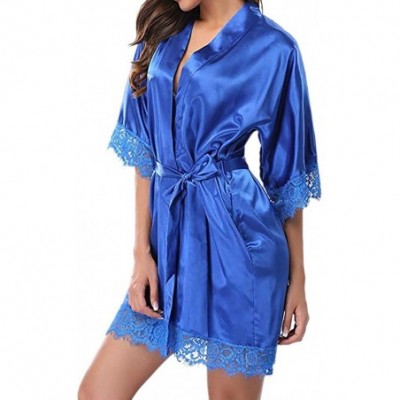 Robes Women's Bathrobes Short Satin Kimono Robes Bridesmaids Nightwear Sleepwear with Oblique V-Neck - Blue - CF1940GLZEL