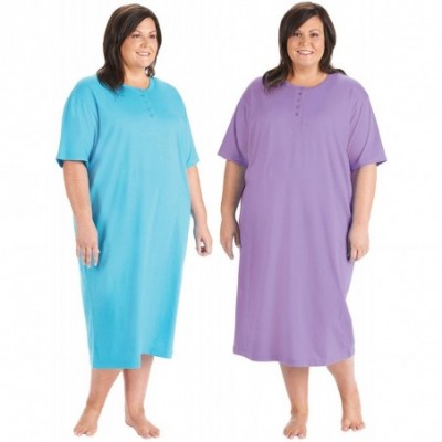 Nightgowns & Sleepshirts Women's 2-Pack Long Henley Nightshirts - Pajama Sleep Shirt Set- Plus - Purple/Turquoise - CW18KNLCGRE