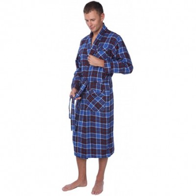 Robes Premium Flannel Robe- Cotton Plaid Shawl Collar Robe with Pockets MRP_Y19 Green Blue - Blue Red White Plaid - CW18TWGQ0ED