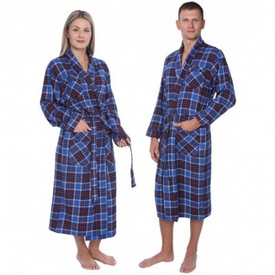 Robes Premium Flannel Robe- Cotton Plaid Shawl Collar Robe with Pockets MRP_Y19 Green Blue - Blue Red White Plaid - CW18TWGQ0ED