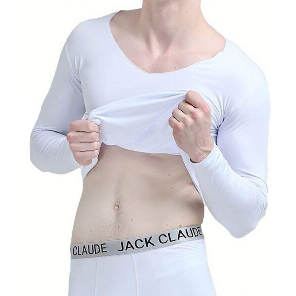 Thermal Underwear Mens Invisible Thermal Underwear Seamless Ultra Soft Base Layer Long John Set Top and Bottom - White - CR19...