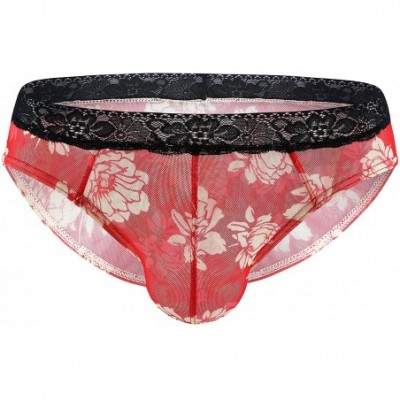 Boxer Briefs Men's Printed Flower Briefs- Low Rise Pouch Bikini Underwear Sexy Lace Waistband Briefs - Red - C219DASUSH2