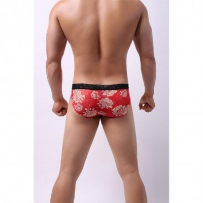 Boxer Briefs Men's Printed Flower Briefs- Low Rise Pouch Bikini Underwear Sexy Lace Waistband Briefs - Red - C219DASUSH2