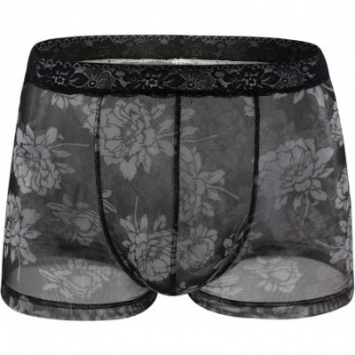 Briefs Men's Boxers Briefs Printed Flower Sexy Lace Waistband Underwear - Black - C619DAEZIRG