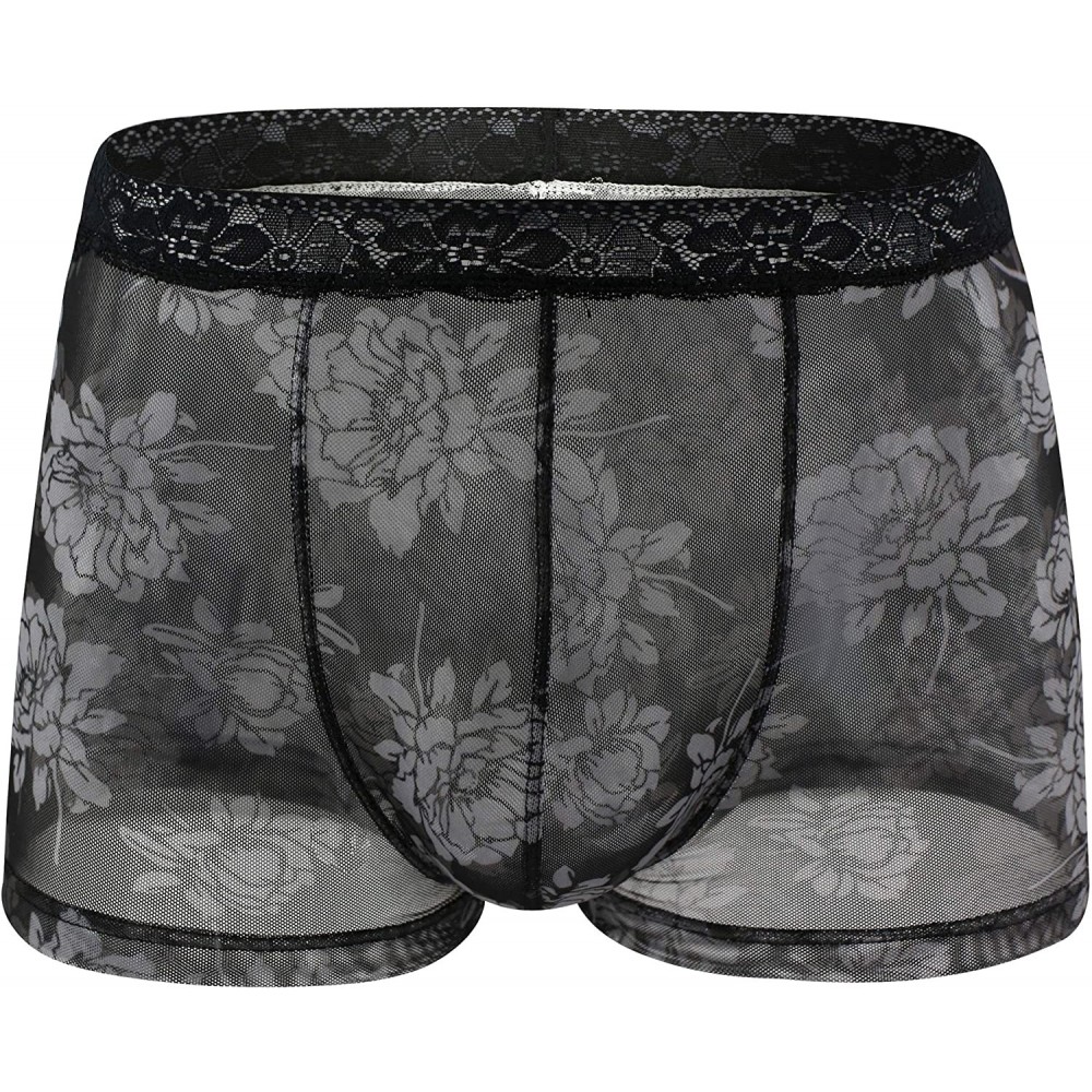 Briefs Men's Boxers Briefs Printed Flower Sexy Lace Waistband Underwear - Black - C619DAEZIRG