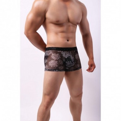 Briefs Men's Boxers Briefs Printed Flower Sexy Lace Waistband Underwear - Black - C619DAEZIRG