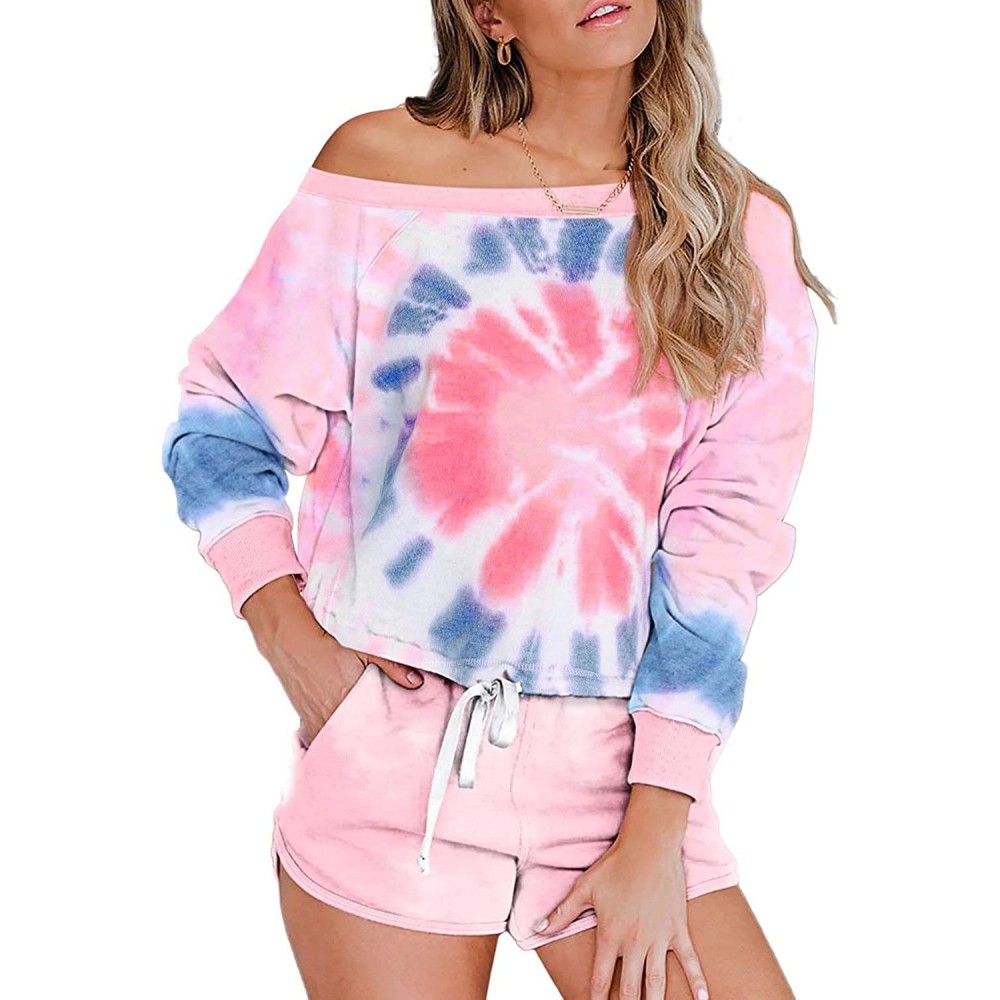 Sets Women's 2 Pcs Long Sleeve Pajamas Set Beach Shorts Sleepwear Outfits Printing Ruffled Dye Tie Tops Lounge Short and - O ...