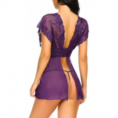 Baby Dolls & Chemises Women Sexy Halter Open Back Lingerie Sheer Lace Chemise Backless Sleepwear - Purple - C8180EOC8YO