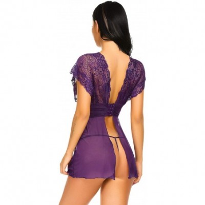 Baby Dolls & Chemises Women Sexy Halter Open Back Lingerie Sheer Lace Chemise Backless Sleepwear - Purple - C8180EOC8YO