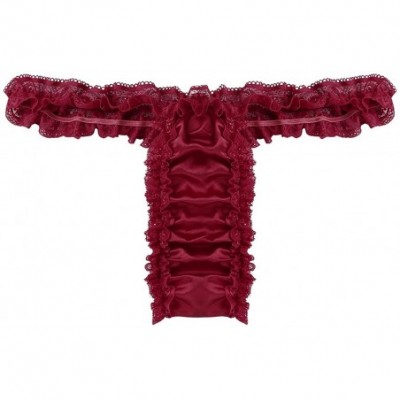 G-Strings & Thongs Adult Men Low Rise Soft Shiny Satin Ruffled Floral Lace Sissy Crossdress Panties - Red - CI18G0XO77D