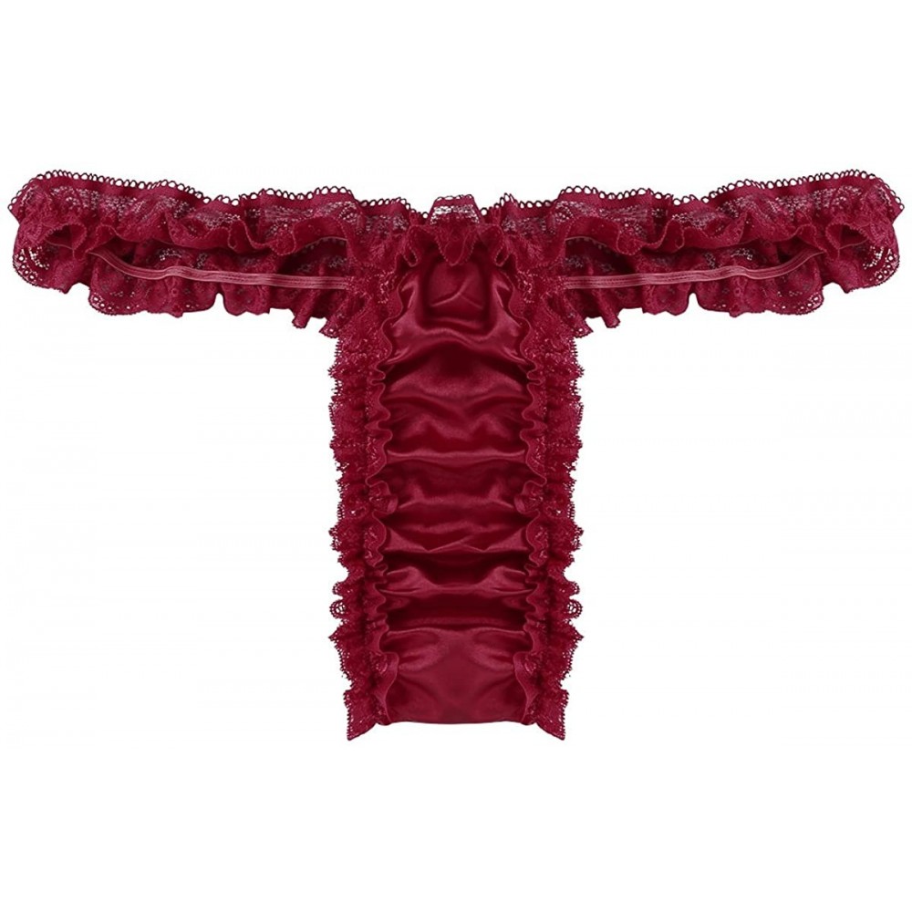 G-Strings & Thongs Adult Men Low Rise Soft Shiny Satin Ruffled Floral Lace Sissy Crossdress Panties - Red - CI18G0XO77D