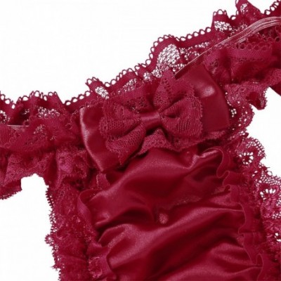 G-Strings & Thongs Adult Men Low Rise Soft Shiny Satin Ruffled Floral Lace Sissy Crossdress Panties - Red - CI18G0XO77D