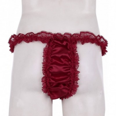 G-Strings & Thongs Adult Men Low Rise Soft Shiny Satin Ruffled Floral Lace Sissy Crossdress Panties - Red - CI18G0XO77D