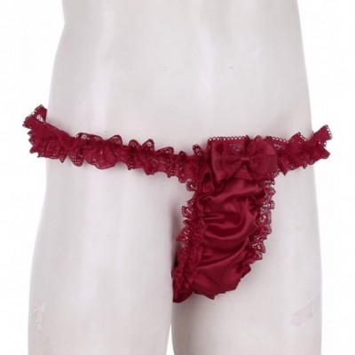 G-Strings & Thongs Adult Men Low Rise Soft Shiny Satin Ruffled Floral Lace Sissy Crossdress Panties - Red - CI18G0XO77D