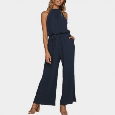 Thermal Underwear Women Short Sleeve Playsuit Clubwear Straight Leg Jumpsuit with Belt - N Navy - CB18S6A4XCR