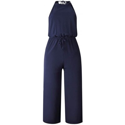 Thermal Underwear Women Short Sleeve Playsuit Clubwear Straight Leg Jumpsuit with Belt - N Navy - CB18S6A4XCR