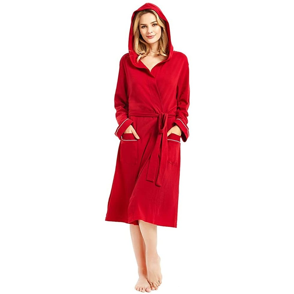 Robes Womens Cotton Robe Soft Kimono Spa Knit Bathrobe Lightweight Long - Burgundy Hooded - C818SQMAKSC