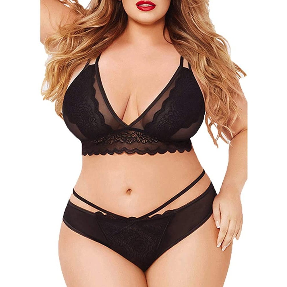 Baby Dolls & Chemises Plus Size Underwear Women Fashion Muslin Lace Mesh Babydoll Sexy Lingerie Set Chaofanjiancai - Black - ...