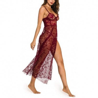 Garters & Garter Belts Women Lace Sexy Lingerie Robe Sexy Pajamas Perspective Sexy Underwear Set - Wine - CS194IZQGLR