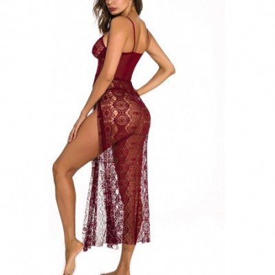 Garters & Garter Belts Women Lace Sexy Lingerie Robe Sexy Pajamas Perspective Sexy Underwear Set - Wine - CS194IZQGLR