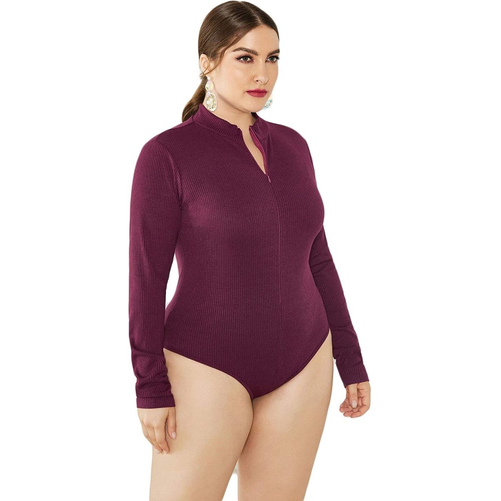 Shapewear Women's Mock Turtle Neck/V Neck Long Sleeve Tops Bodysuit Jumpsuit - 03wine - CU18ZGXWACU