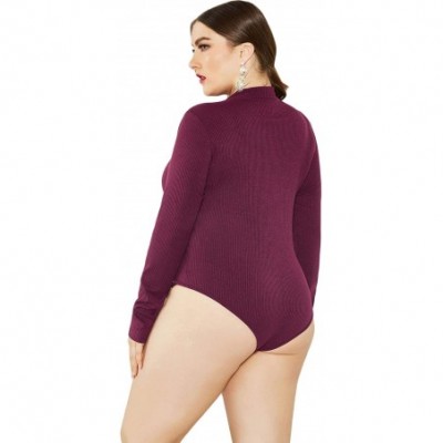 Shapewear Women's Mock Turtle Neck/V Neck Long Sleeve Tops Bodysuit Jumpsuit - 03wine - CU18ZGXWACU