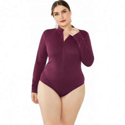 Shapewear Women's Mock Turtle Neck/V Neck Long Sleeve Tops Bodysuit Jumpsuit - 03wine - CU18ZGXWACU