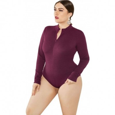 Shapewear Women's Mock Turtle Neck/V Neck Long Sleeve Tops Bodysuit Jumpsuit - 03wine - CU18ZGXWACU