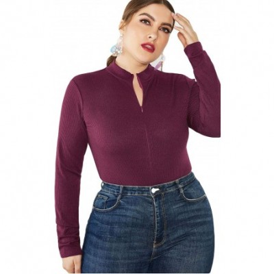 Shapewear Women's Mock Turtle Neck/V Neck Long Sleeve Tops Bodysuit Jumpsuit - 03wine - CU18ZGXWACU