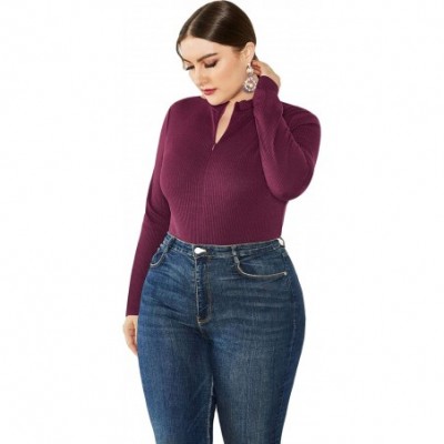 Shapewear Women's Mock Turtle Neck/V Neck Long Sleeve Tops Bodysuit Jumpsuit - 03wine - CU18ZGXWACU