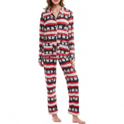 Sets Christmas Pajamas Set Womens Long Sleeve Button Down Sleepwear Fleece Nightwear (Christmas Red- L) - CL18ZUTUWMD