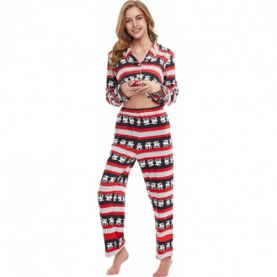 Sets Christmas Pajamas Set Womens Long Sleeve Button Down Sleepwear Fleece Nightwear (Christmas Red- L) - CL18ZUTUWMD