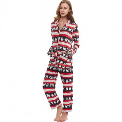 Sets Christmas Pajamas Set Womens Long Sleeve Button Down Sleepwear Fleece Nightwear (Christmas Red- L) - CL18ZUTUWMD