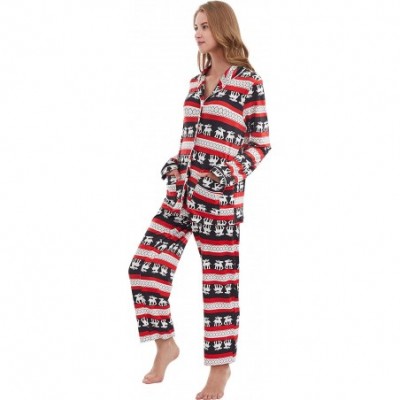 Sets Christmas Pajamas Set Womens Long Sleeve Button Down Sleepwear Fleece Nightwear (Christmas Red- L) - CL18ZUTUWMD