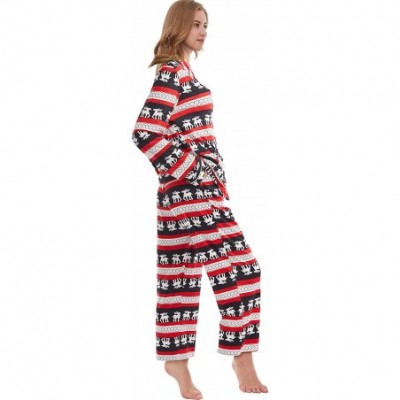 Sets Christmas Pajamas Set Womens Long Sleeve Button Down Sleepwear Fleece Nightwear (Christmas Red- L) - CL18ZUTUWMD